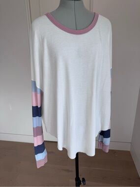 White Fox Boutique White Waffle Knit Top with Pastel Striped Sleeves